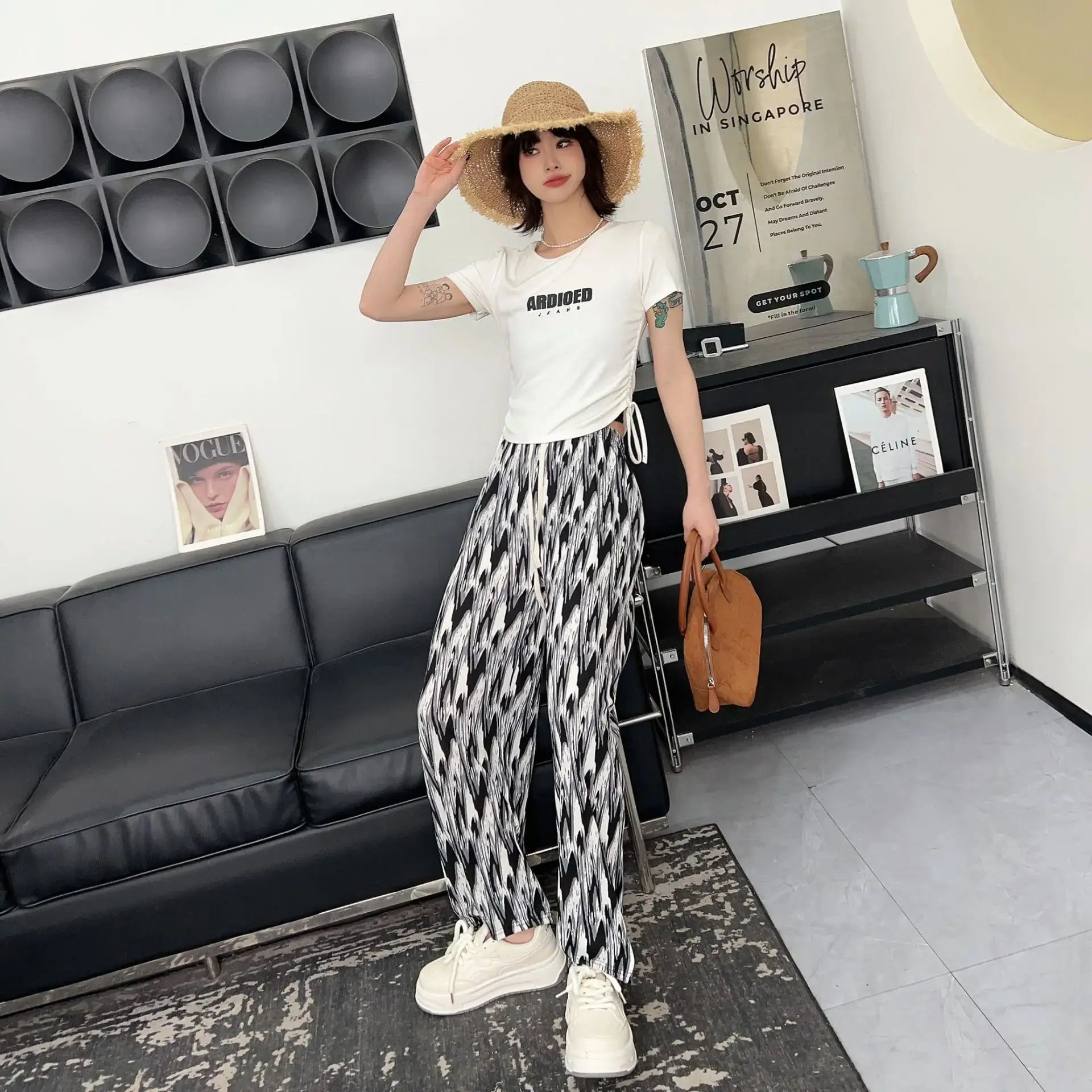 Summer Thin Loose Slimming Long Wide Leg Pants Women's Casual Stroll Trousers Flowing Ink Narrow Version Loose Fit Pants