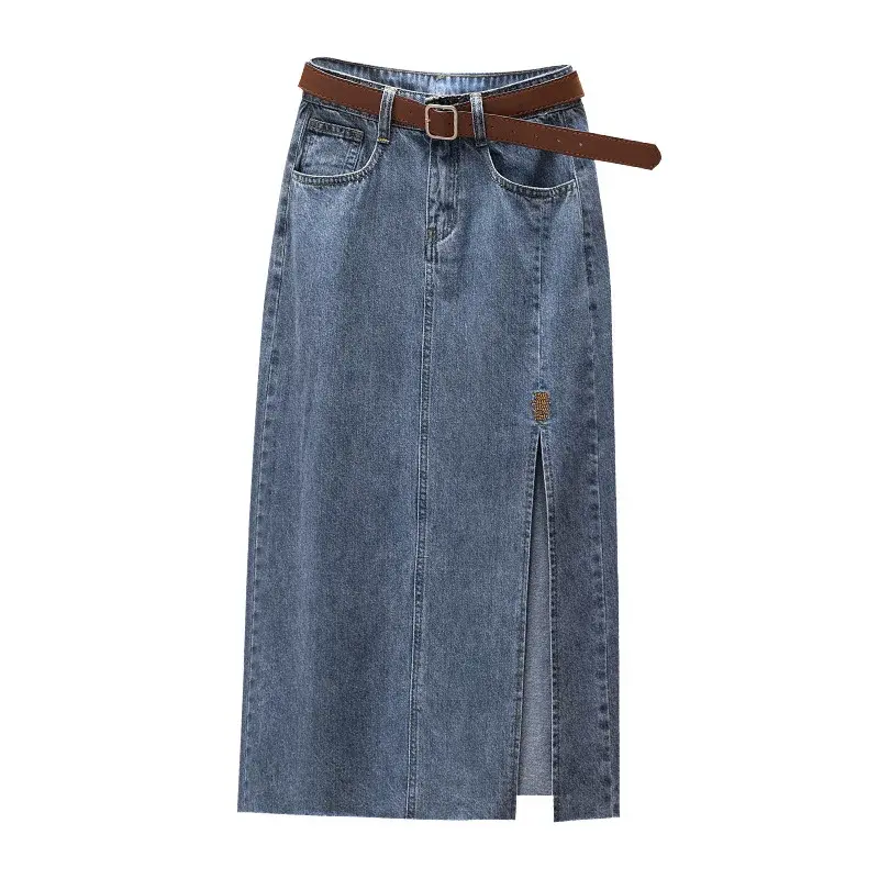 Clearance Sale: High-Waisted Embroidered Denim Skirt Women's Summer A- Line Side Slit Specialty Store Clothing