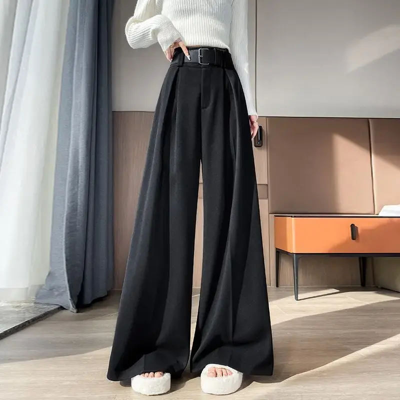 Elegant High Waist Wide Leg Pants Women's Autumn Winter Woolen Trousers Pressed Pleats Draping Floor-Length Suit Straight Leg Pa
