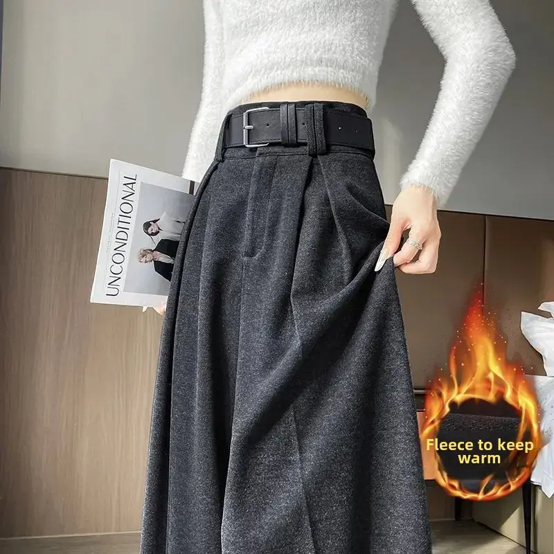 Elegant High Waist Wide Leg Pants Women's Autumn Winter Woolen Trousers Pressed Pleats Draping Floor-Length Suit Straight Leg Pa