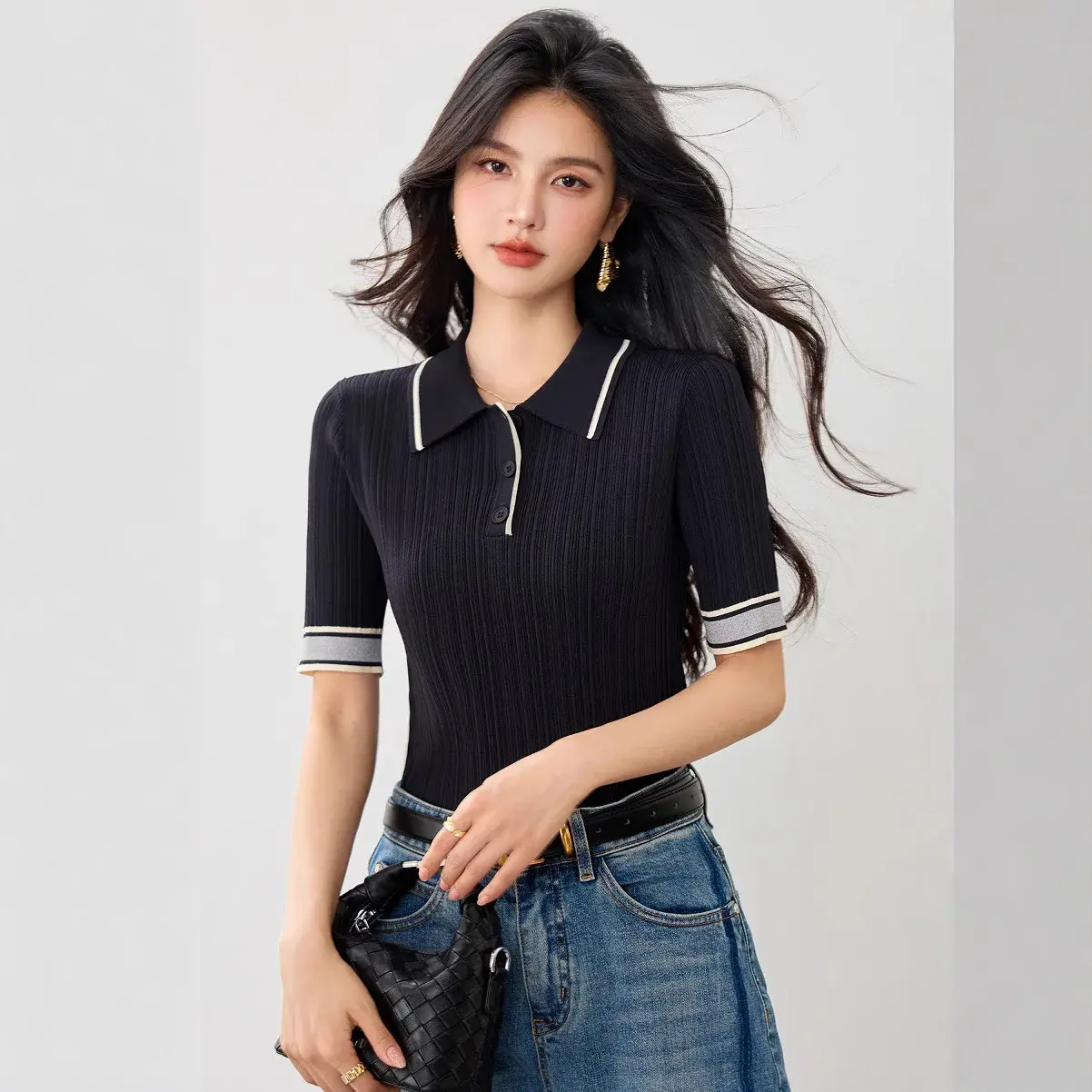 Short Sleeve Knitted T-Shirt Women's Slim Fit Light Weight Base Layer Shirt Color Block Line Sensation Summer Fashion Top