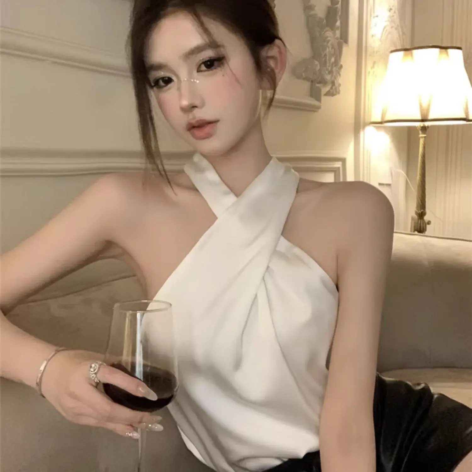 Satin Strapless Crop Top Women's Summer Shirt Style French Inner Wear Vest Sleeveless Crew Neck Short Length Fashionable