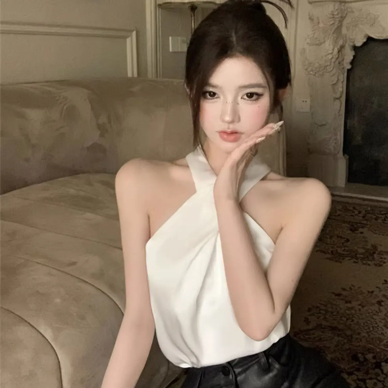 Satin Strapless Crop Top Women's Summer Shirt Style French Inner Wear Vest Sleeveless Crew Neck Short Length Fashionable