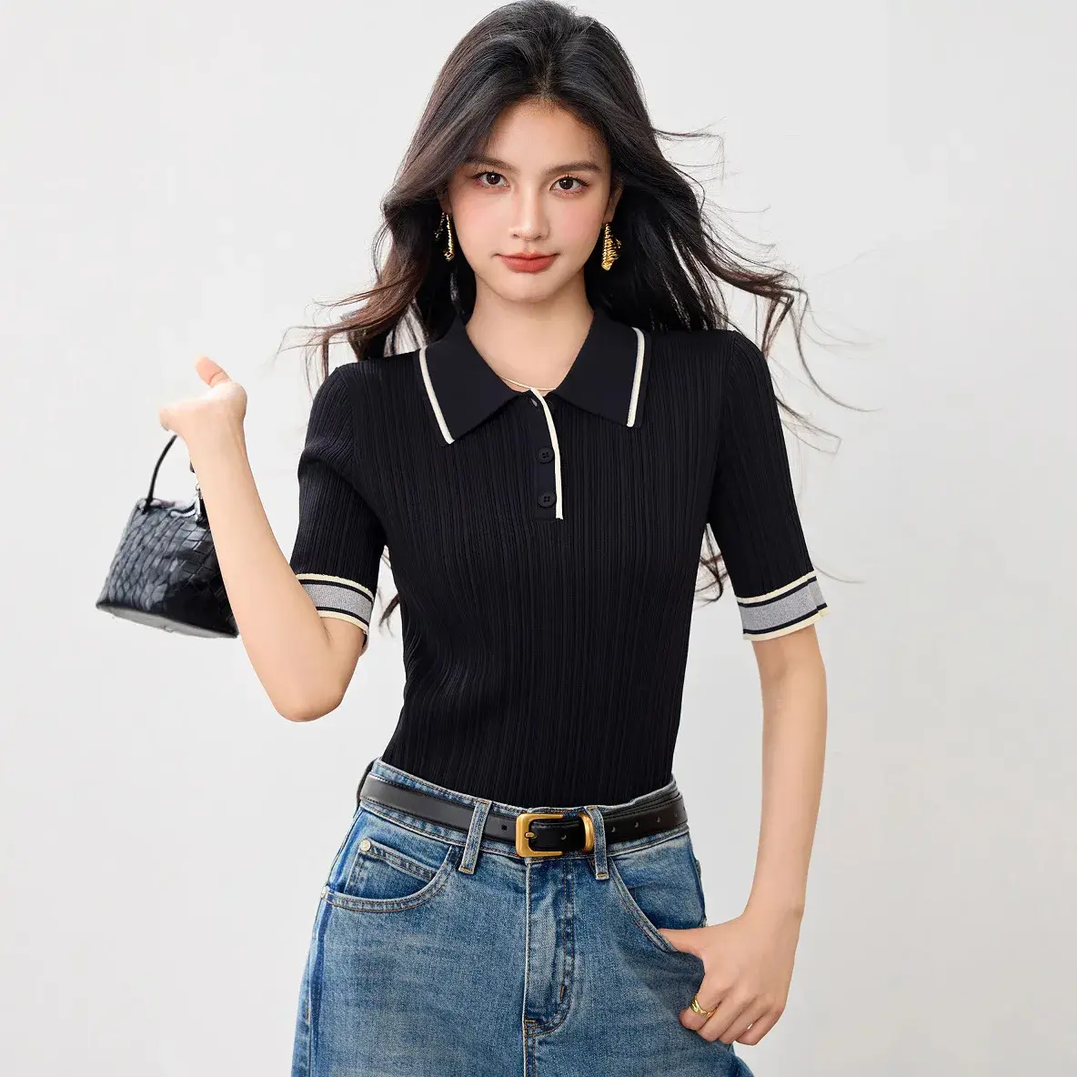Short Sleeve Knitted T-Shirt Women's Slim Fit Light Weight Base Layer Shirt Color Block Line Sensation Summer Fashion Top