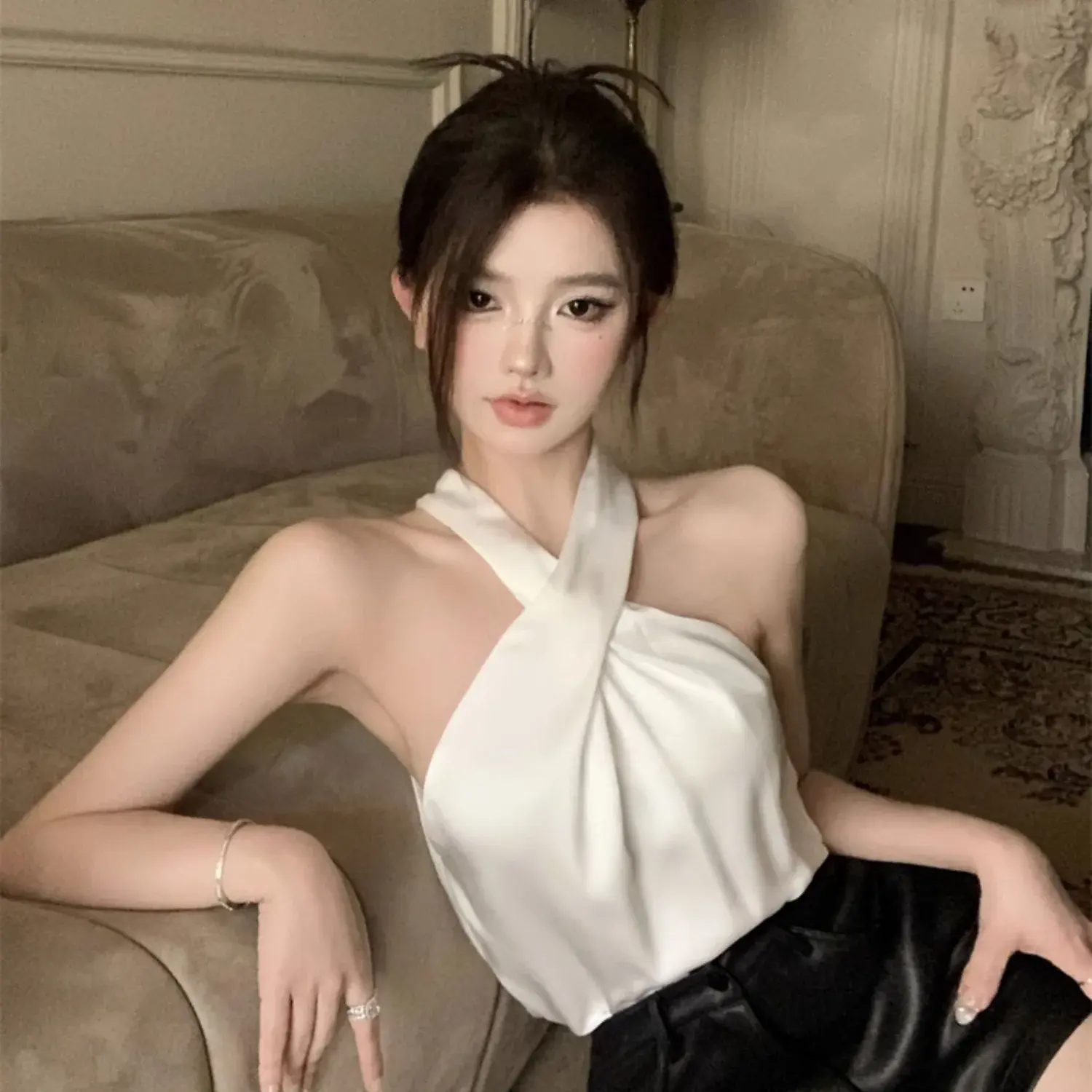 Satin Strapless Crop Top Women's Summer Shirt Style French Inner Wear Vest Sleeveless Crew Neck Short Length Fashionable
