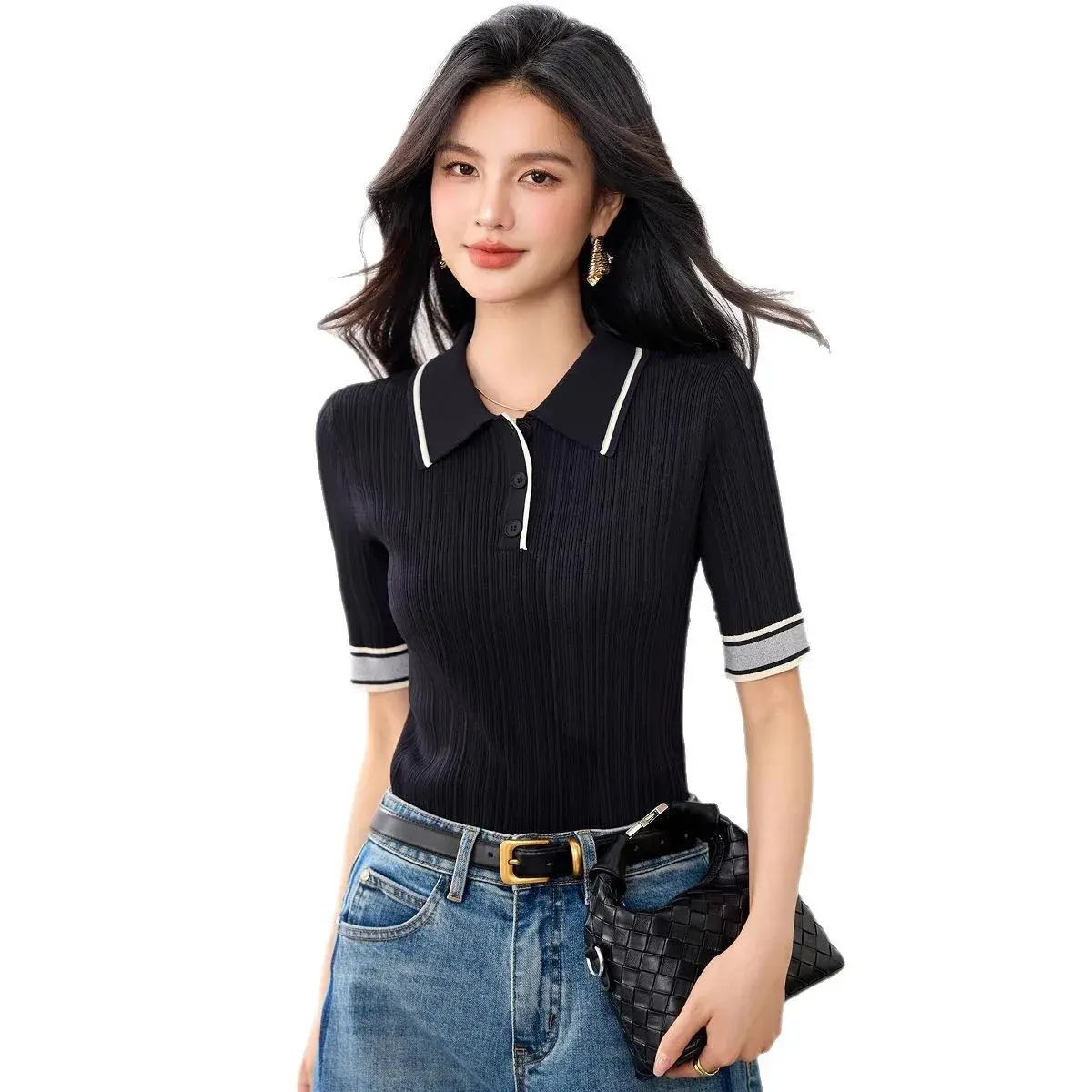 Short Sleeve Knitted T-Shirt Women's Slim Fit Light Weight Base Layer Shirt Color Block Line Sensation Summer Fashion Top