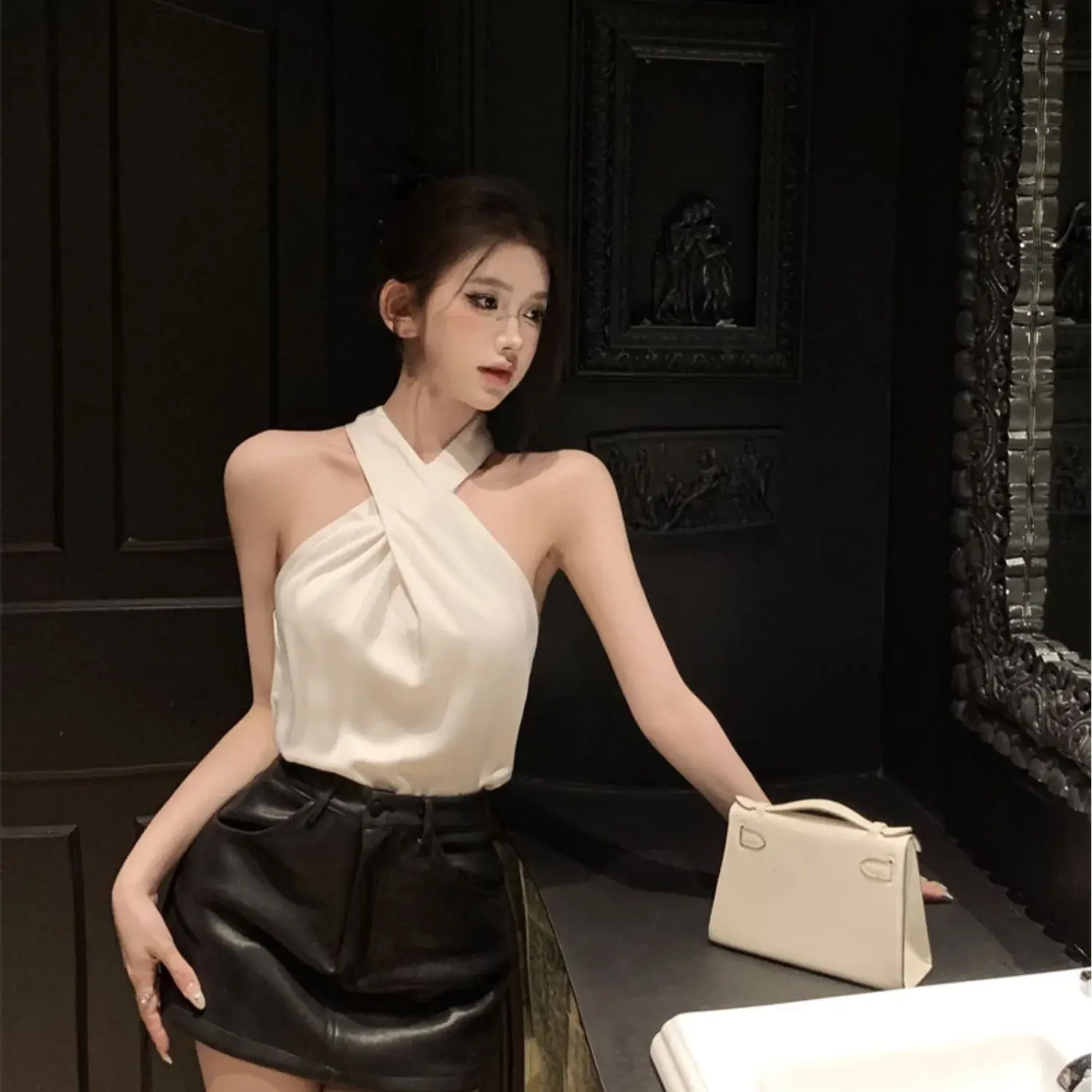 Satin Strapless Crop Top Women's Summer Shirt Style French Inner Wear Vest Sleeveless Crew Neck Short Length Fashionable