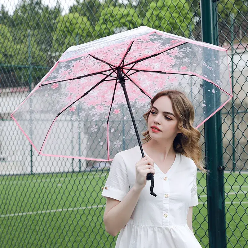Automatic Folding Transparent Sakura Arch Long Handle Umbrella Apollo Umbrella Japanese Style Fresh Student Performance Wholesal