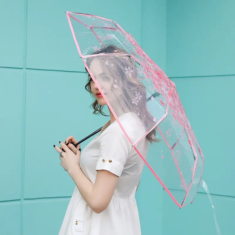 Automatic Folding Transparent Sakura Arch Long Handle Umbrella Apollo Umbrella Japanese Style Fresh Student Performance Wholesal