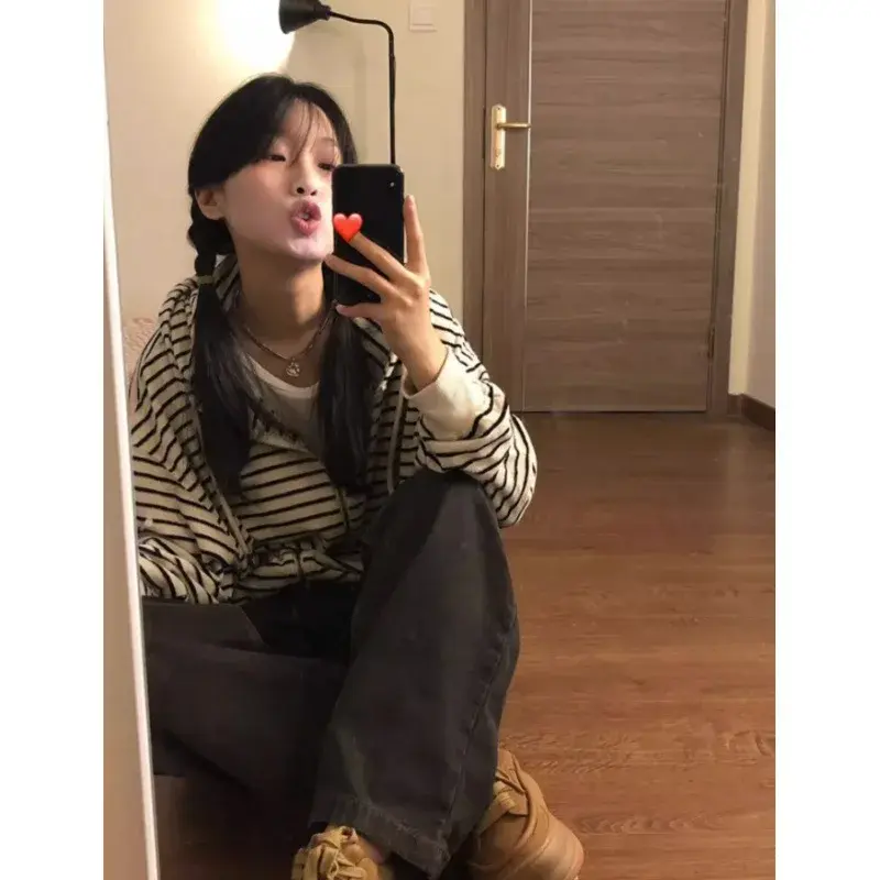Trendy Striped Hooded Zipper Cardigan Sweatshirt Women's Student Outerwear Spring Autumn Winter New Arrival Casual Style