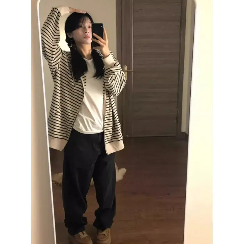 Trendy Striped Hooded Zipper Cardigan Sweatshirt Women's Student Outerwear Spring Autumn Winter New Arrival Casual Style
