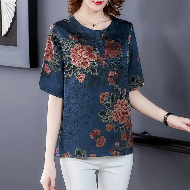 Cross-Border T-Shirt Summer Korean Style Mother's Clothing Round Neck Short Sleeves Printing Top Loose Fit Plus Size Slimming El