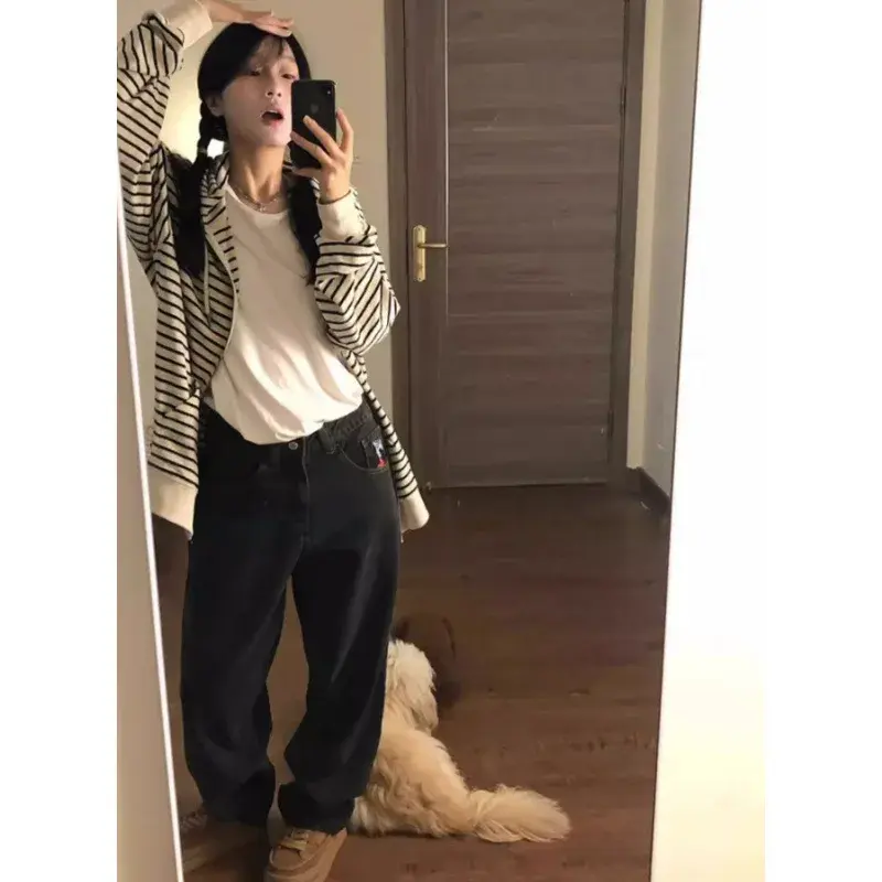 Trendy Striped Hooded Zipper Cardigan Sweatshirt Women's Student Outerwear Spring Autumn Winter New Arrival Casual Style