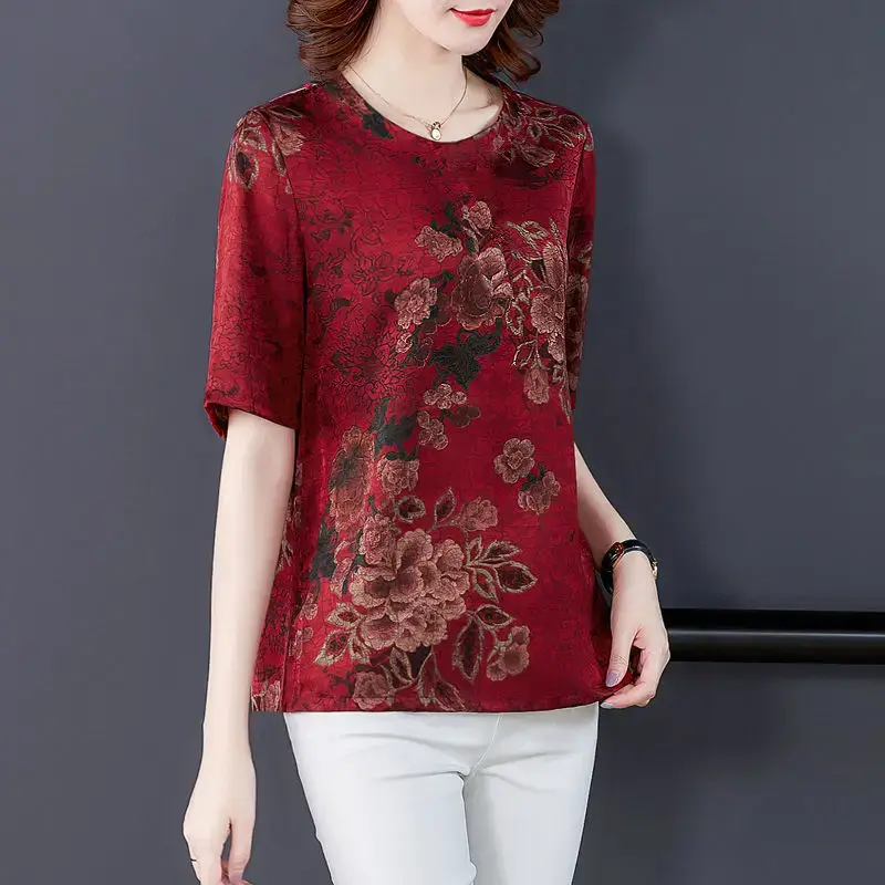 Cross-Border T-Shirt Summer Korean Style Mother's Clothing Round Neck Short Sleeves Printing Top Loose Fit Plus Size Slimming El
