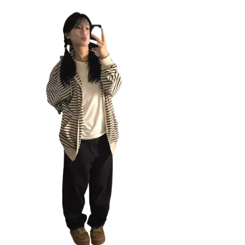 Trendy Striped Hooded Zipper Cardigan Sweatshirt Women's Student Outerwear Spring Autumn Winter New Arrival Casual Style