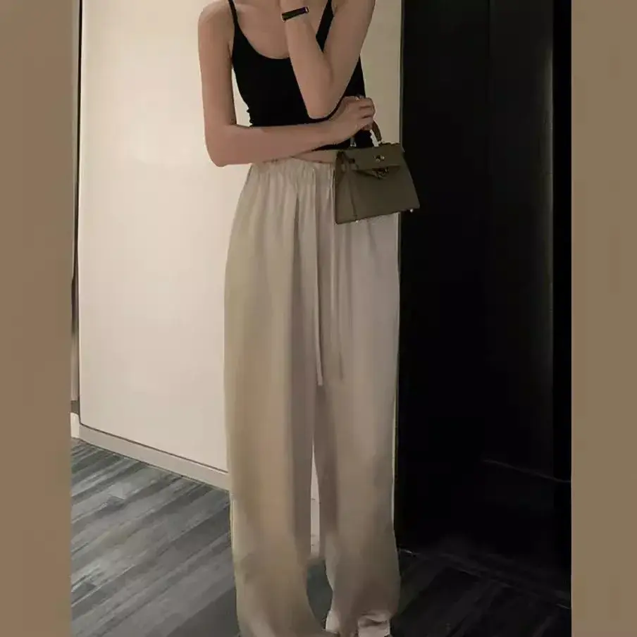Summer Thin Drapey Satin Loose Slimming Elastic Waist Casual High Waist Vinegar Wide Leg Pants Cool Cool Pants Long Pants