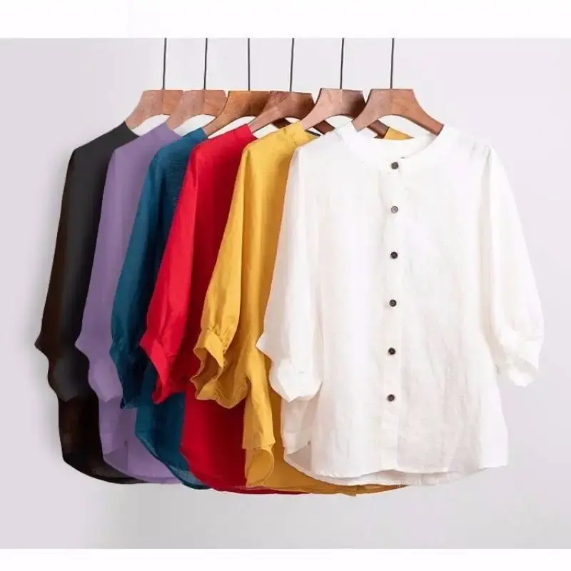 Loose Cotton Linen Women's Shirt Lantern Sleeve Midi Sleeve Retro Art Style plus Size Slimming Top Summer Fashion Female Blouse