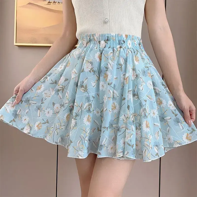 2023 New Summer Chiffon Mini Dress Women's High-Waisted Slimming A- Line Skirt Korean Style Anti-Exposure