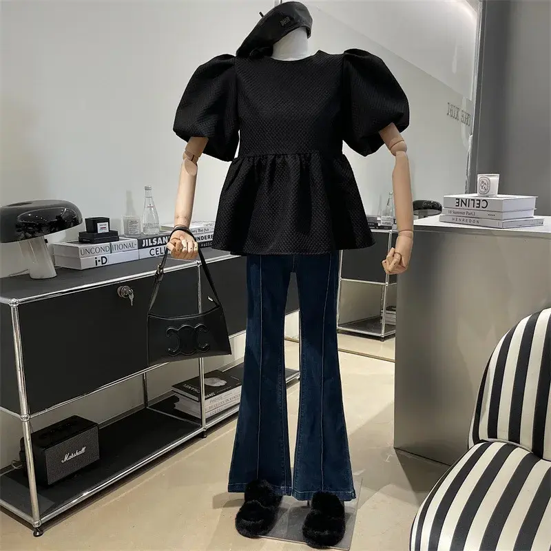 Elegant Sweet Style Women's Shirt Spring 2025 New Bubble Sleeve Waist Cinched Backless Tie Doll Top Quality Fashionable