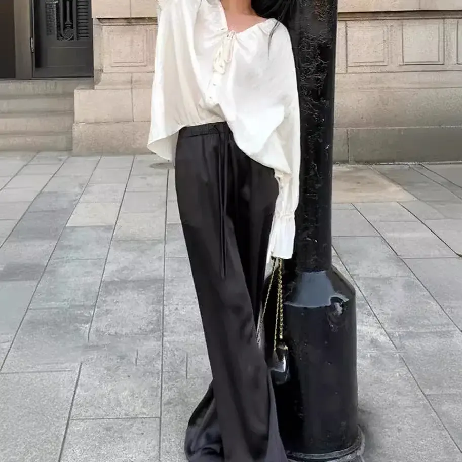 Summer Thin Drapey Satin Loose Slimming Elastic Waist Casual High Waist Vinegar Wide Leg Pants Cool Cool Pants Long Pants