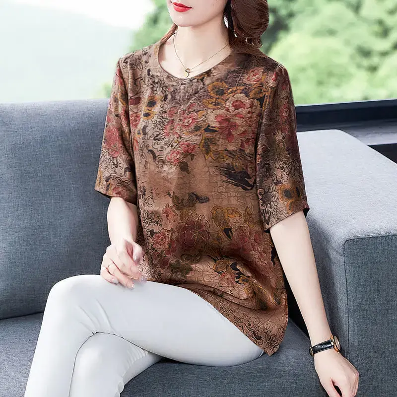 Cross-Border T-Shirt Summer Korean Style Mother's Clothing Round Neck Short Sleeves Printing Top Loose Fit Plus Size Slimming El