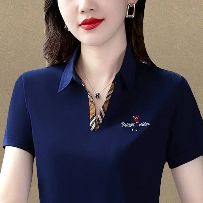 Loose Short Sleeve Polo Neck T-Shirt for Women Summer New Style Slimming Casual Thin Mom's Top Fashionable Basic Shirt