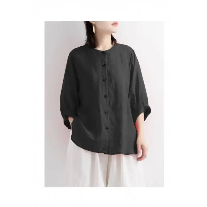 Loose Cotton Linen Women's Shirt Lantern Sleeve Midi Sleeve Retro Art Style plus Size Slimming Top Summer Fashion Female Blouse