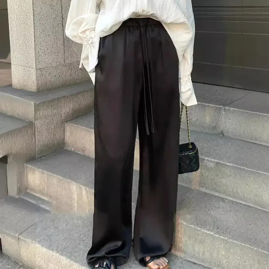Summer Thin Drapey Satin Loose Slimming Elastic Waist Casual High Waist Vinegar Wide Leg Pants Cool Cool Pants Long Pants