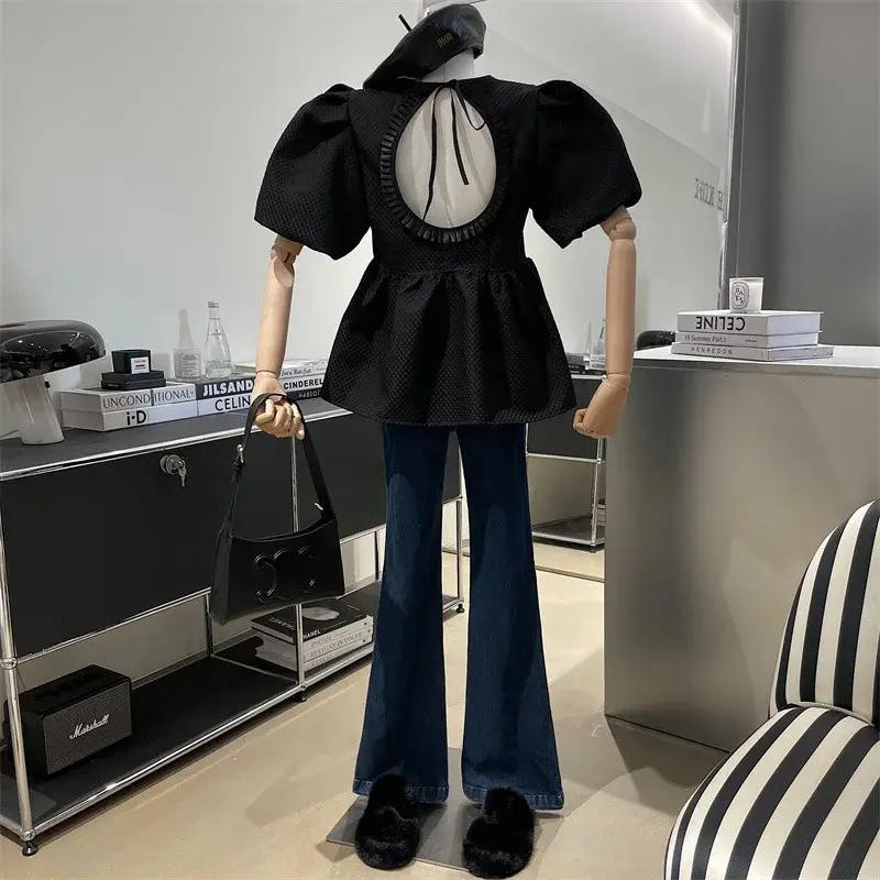 Elegant Sweet Style Women's Shirt Spring 2025 New Bubble Sleeve Waist Cinched Backless Tie Doll Top Quality Fashionable