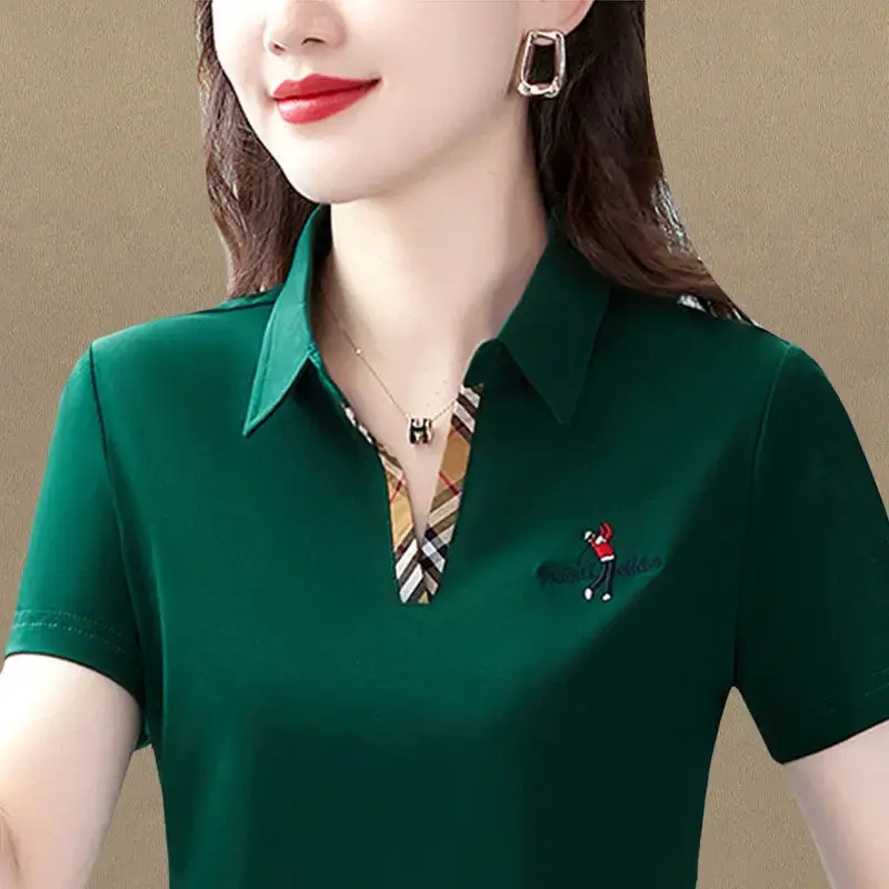 Loose Short Sleeve Polo Neck T-Shirt for Women Summer New Style Slimming Casual Thin Mom's Top Fashionable Basic Shirt