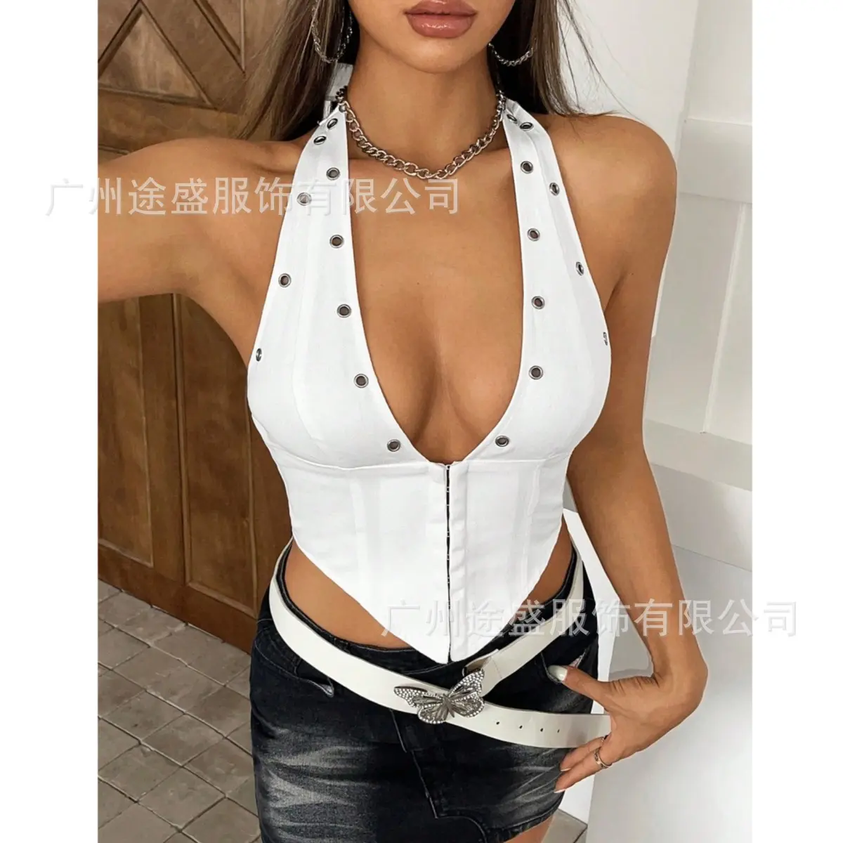 European And American New Summer Slims Your Smooths Your Silhouette Sleeveless Deep V Neck Open-Back Tankvest Eyebolt Halter Nec