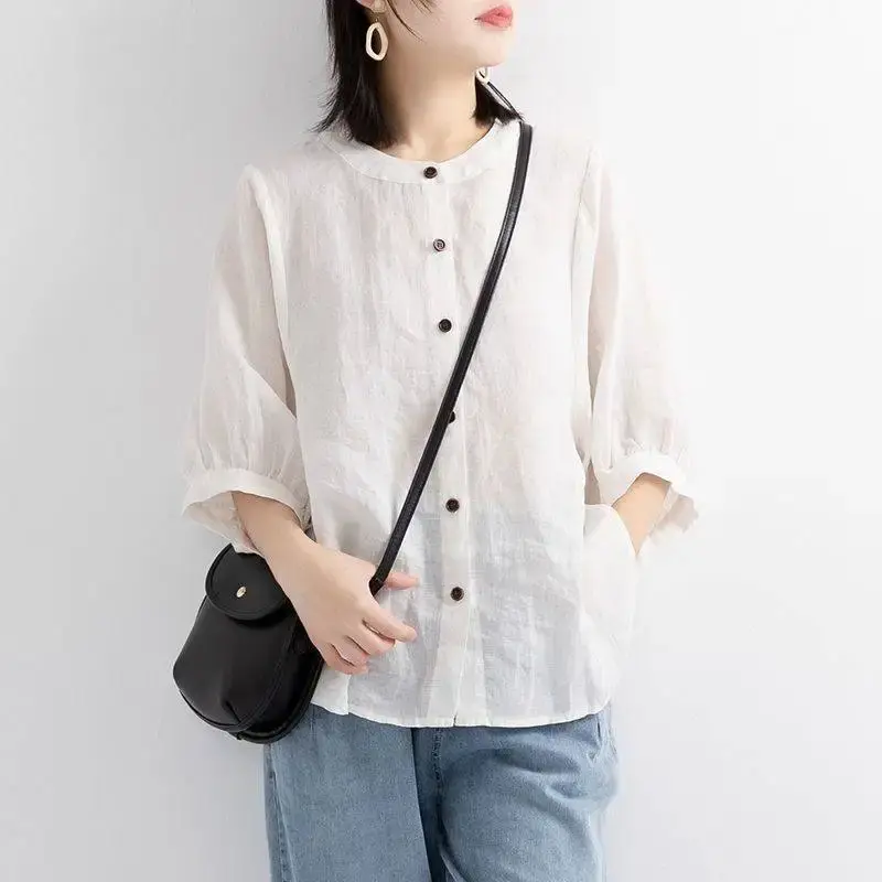 Loose Cotton Linen Women's Shirt Lantern Sleeve Midi Sleeve Retro Art Style plus Size Slimming Top Summer Fashion Female Blouse