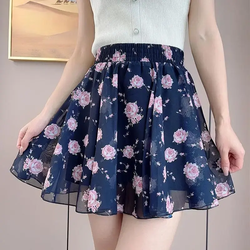 2023 New Summer Chiffon Mini Dress Women's High-Waisted Slimming A- Line Skirt Korean Style Anti-Exposure