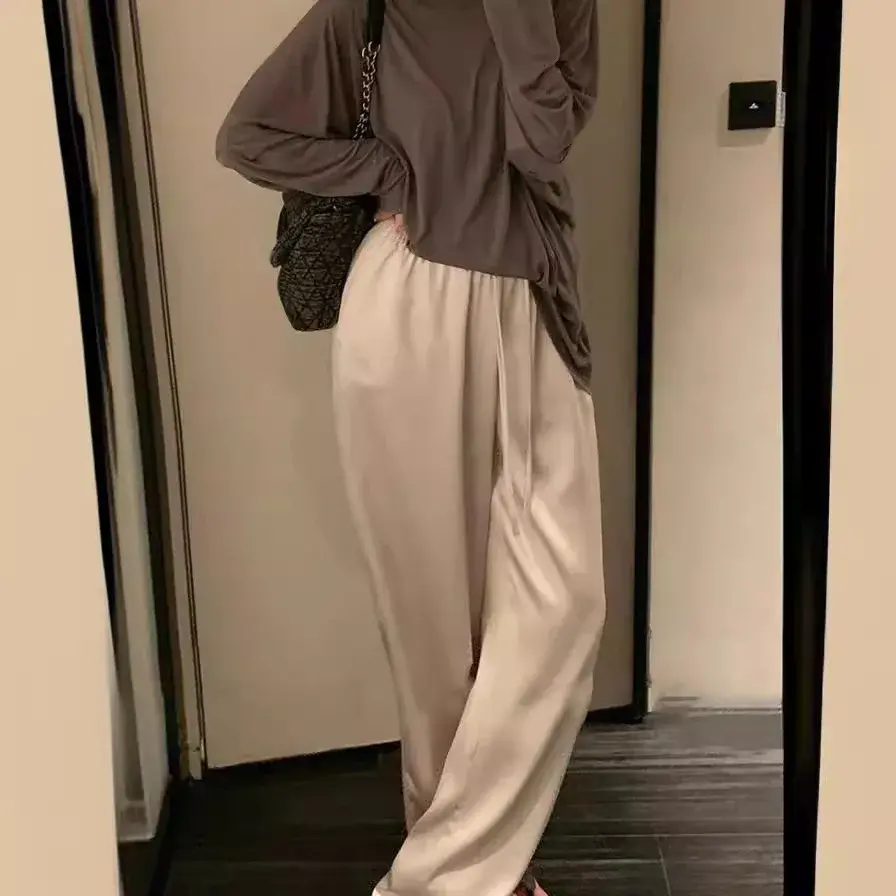 Summer Thin Drapey Satin Loose Slimming Elastic Waist Casual High Waist Vinegar Wide Leg Pants Cool Cool Pants Long Pants