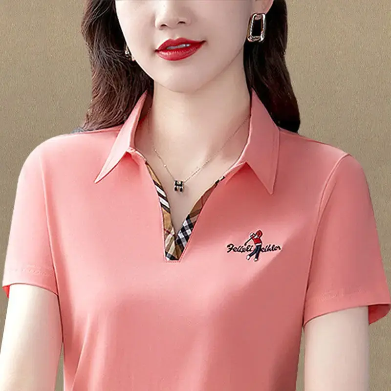 Loose Short Sleeve Polo Neck T-Shirt for Women Summer New Style Slimming Casual Thin Mom's Top Fashionable Basic Shirt