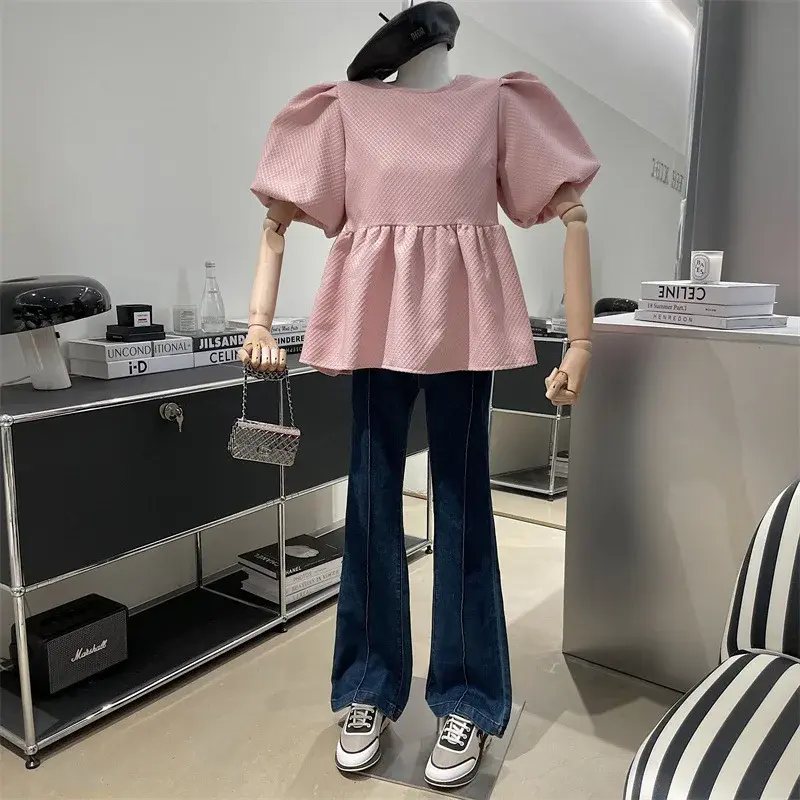Elegant Sweet Style Women's Shirt Spring 2025 New Bubble Sleeve Waist Cinched Backless Tie Doll Top Quality Fashionable