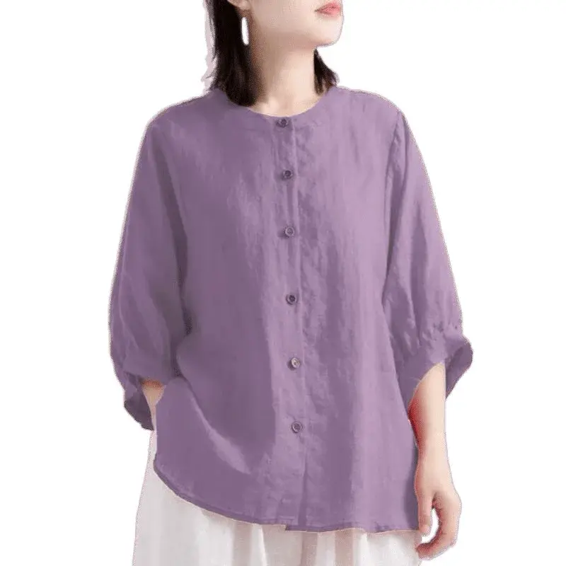 Loose Cotton Linen Women's Shirt Lantern Sleeve Midi Sleeve Retro Art Style plus Size Slimming Top Summer Fashion Female Blouse