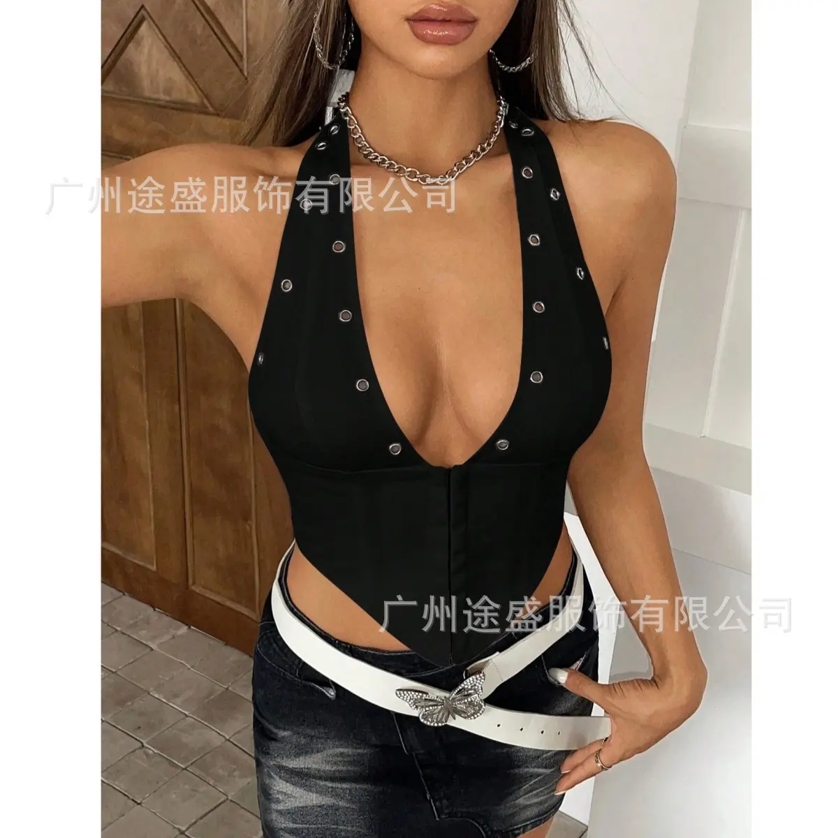European And American New Summer Slims Your Smooths Your Silhouette Sleeveless Deep V Neck Open-Back Tankvest Eyebolt Halter Nec