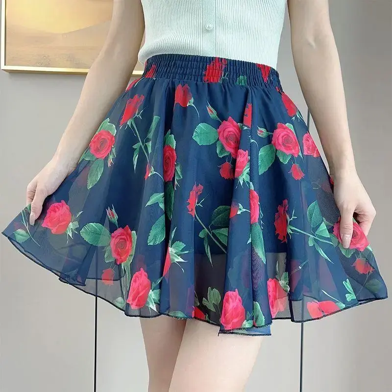 2023 New Summer Chiffon Mini Dress Women's High-Waisted Slimming A- Line Skirt Korean Style Anti-Exposure
