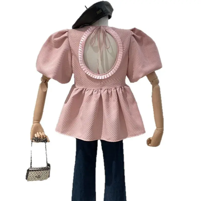 Elegant Sweet Style Women's Shirt Spring 2025 New Bubble Sleeve Waist Cinched Backless Tie Doll Top Quality Fashionable