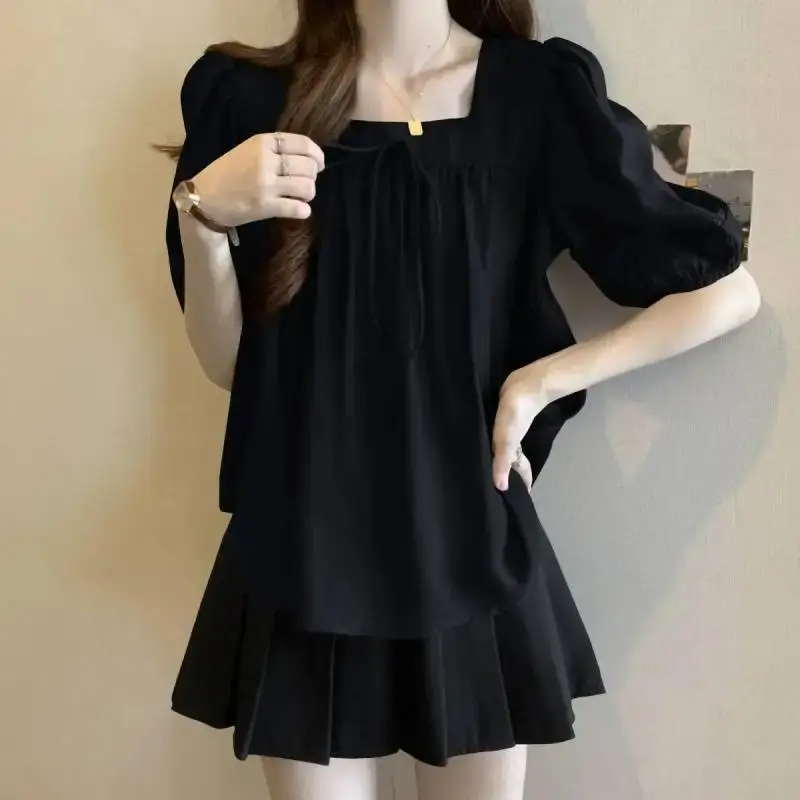 Slimming Effect Shoulder Square Collar Butterfly Knot Top Women's Summer New Design French Style Meat Covering T-shirt