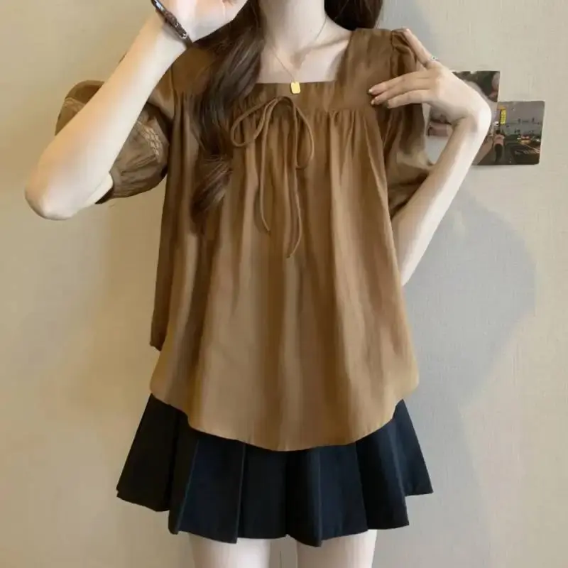 Slimming Effect Shoulder Square Collar Butterfly Knot Top Women's Summer New Design French Style Meat Covering T-shirt