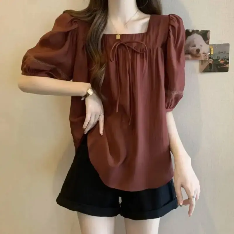 Slimming Effect Shoulder Square Collar Butterfly Knot Top Women's Summer New Design French Style Meat Covering T-shirt