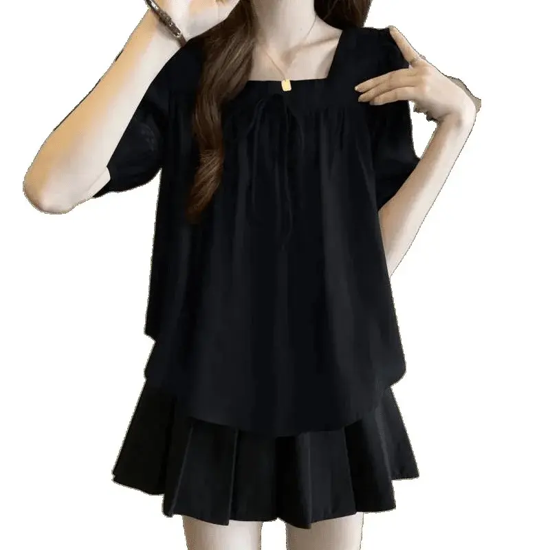 Slimming Effect Shoulder Square Collar Butterfly Knot Top Women's Summer New Design French Style Meat Covering T-shirt