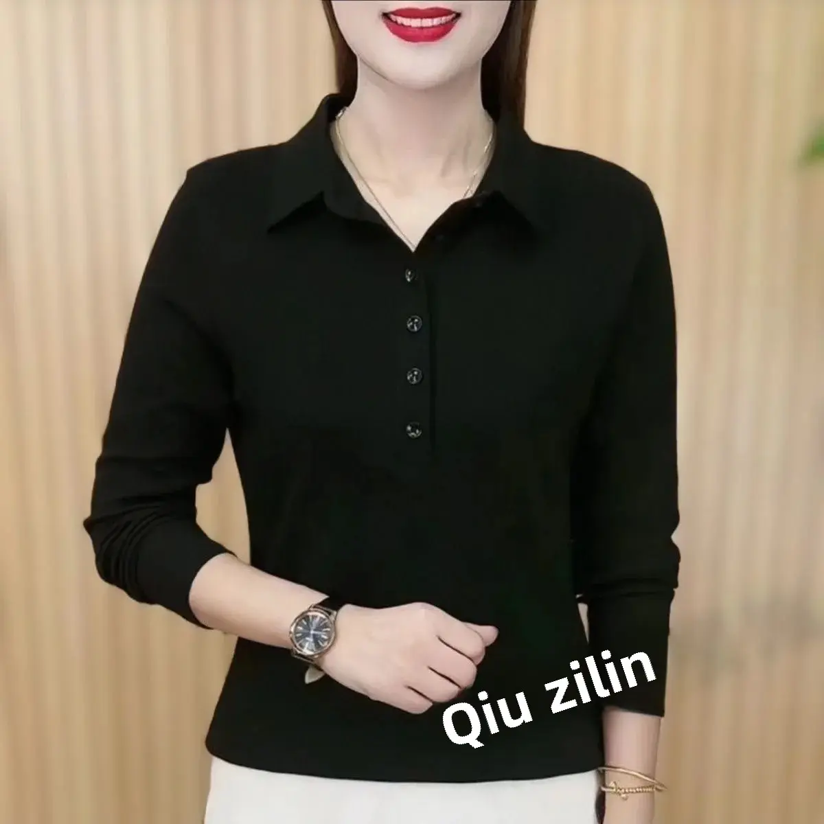 Loose Long Sleeve Polo Shirt for Mom Casual Turn-down Collar T-shirt Female Fashion Anti-ageing Spring Autumn New Style