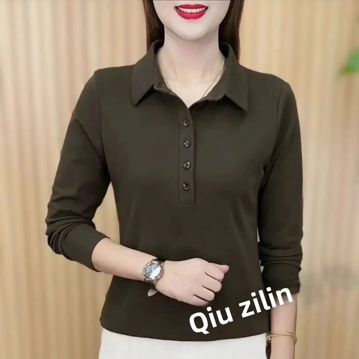 Loose Long Sleeve Polo Shirt for Mom Casual Turn-down Collar T-shirt Female Fashion Anti-ageing Spring Autumn New Style