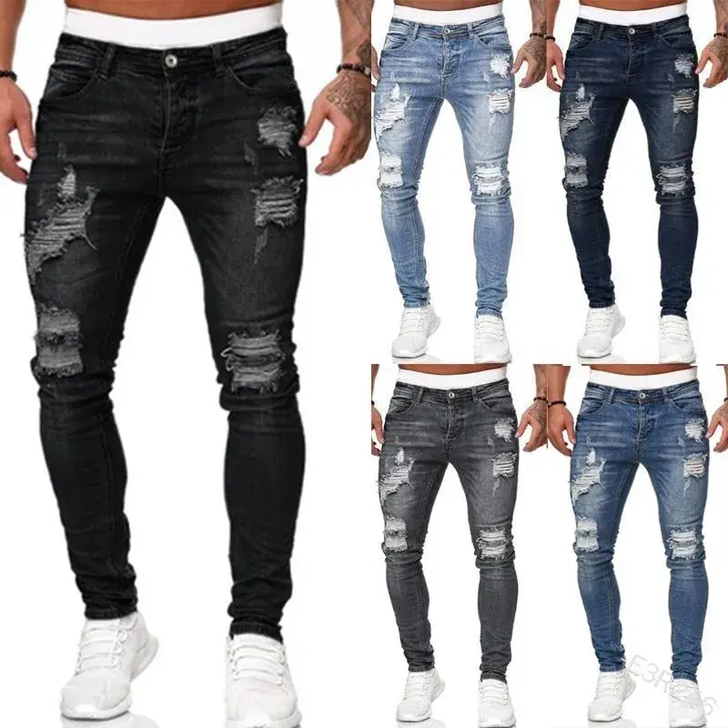 Fashionable Men's Jeans New Style Tight Fit Ripped Small Footed Pants Cross Border Ebay Fast Selling Through Amazon Wish