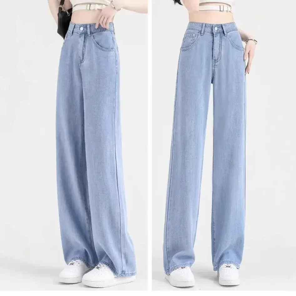 Summer Thin Tencel Wide Leg Jeans High Waist Loose Slimming Straight Ultra Thin Casual Straight Pants Women Trendy