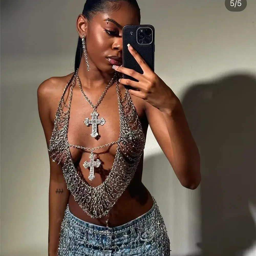 Sexy Metal Tassel Cross Chest Chain Nightclub Bridesmaid Bra Body Chain Women's Crossbody Vest Top Trendy Chinese Wholesale