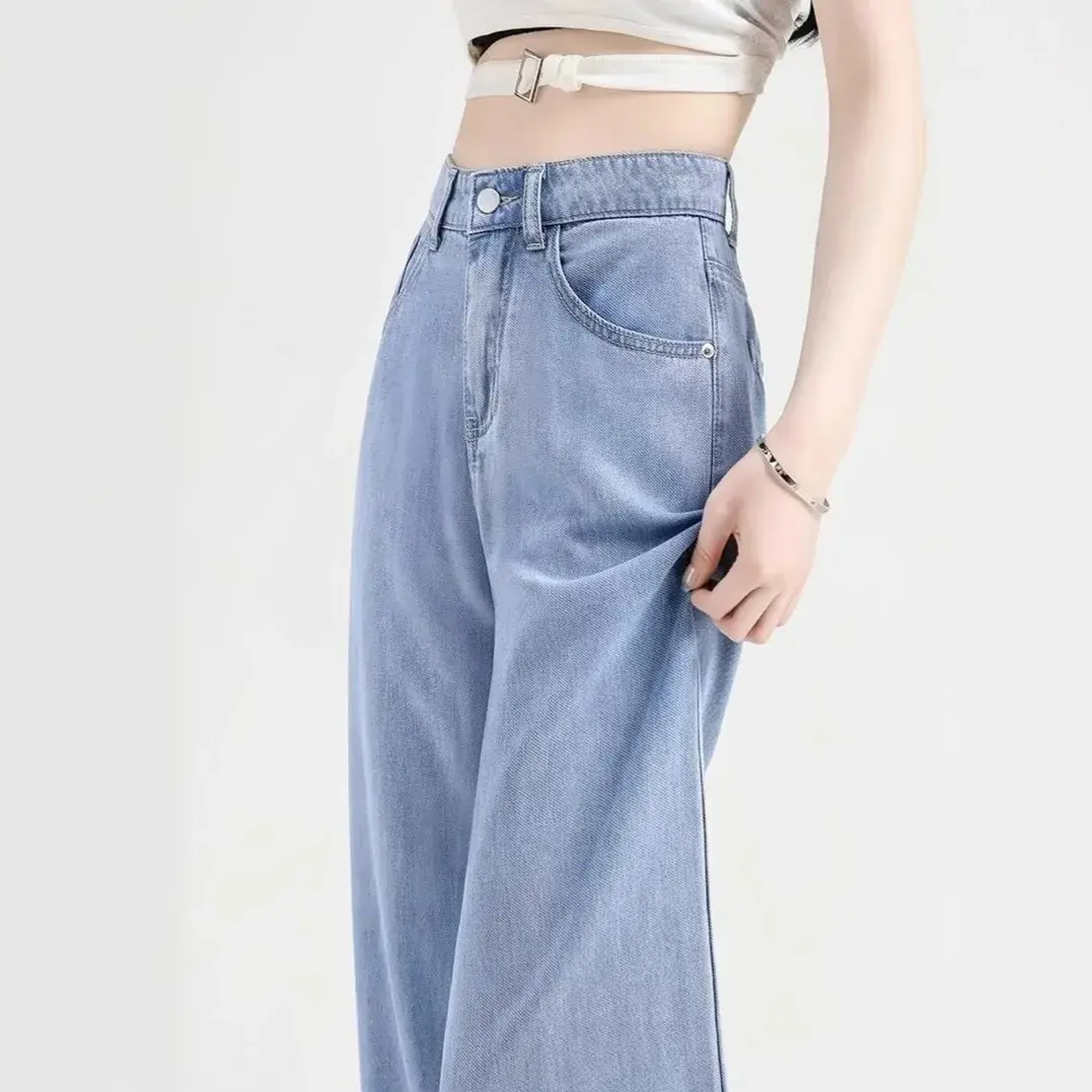 Summer Thin Tencel Wide Leg Jeans High Waist Loose Slimming Straight Ultra Thin Casual Straight Pants Women Trendy